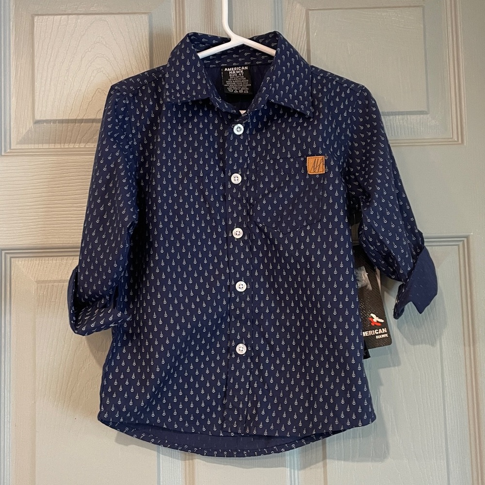 NWT American Hawk Kid's 4T Cotton Poly Blue White Button Up Cuffed Sleeve Shirt